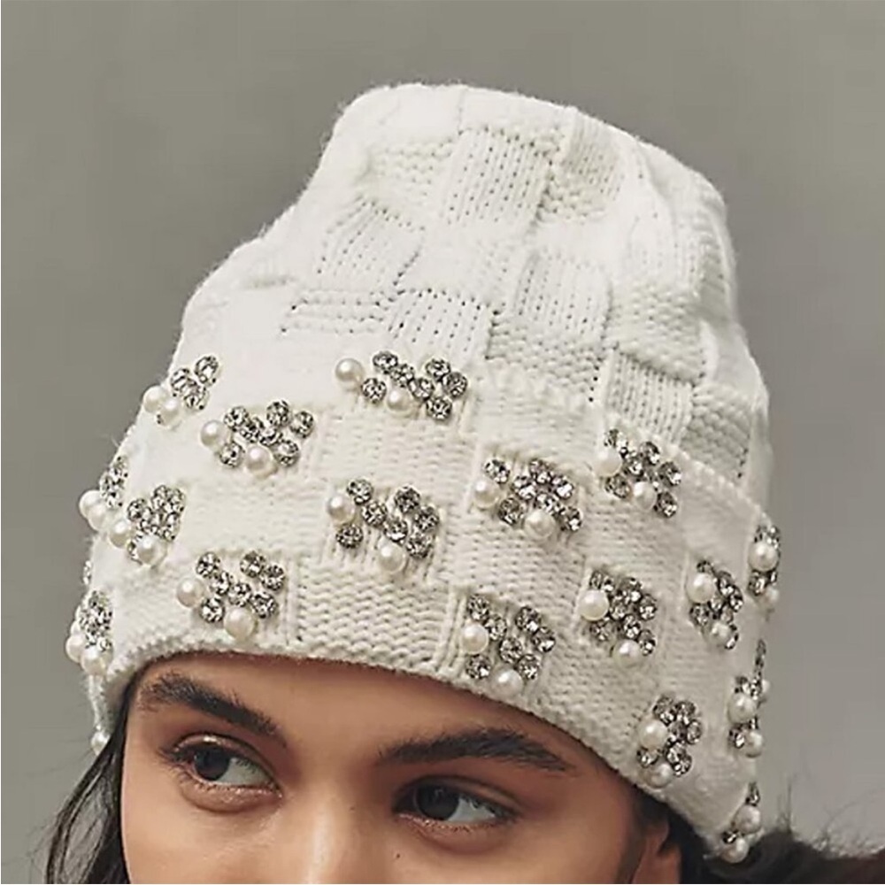 Anthropologie Checkered New Elegant White Knit Beanie with Embellishments One Sz